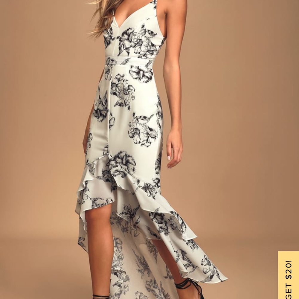 White lulus dress, size small, black floral detail , worn once